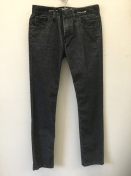 Mens, Casual Pants, QUIKSILVER, Charcoal Gray, White, Cotton, Polyester, Stripes - Micro, Ins:32, W:28, Charcoal and White Microstriped Textured Corduroy, Skinny Leg, Zip Fly, 5 Pockets, Belt Loops