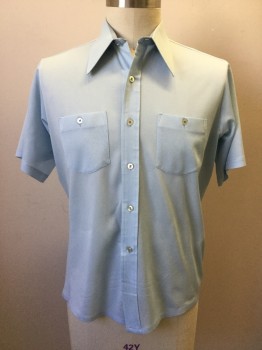 Mens, Dress Shirt, DOUBLE EXPOSURE, Lt Blue, Polyester, Solid, L, Button Front, Pointy Collar Attached, 2 Pockets, Short Sleeves