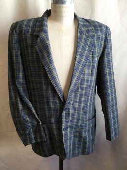 GAP, Black, Lt Olive Grn, Black, Yellow, Turquoise Blue, Cotton, Acetate, Plaid, Black Lining, Notched Lapel, Single Breasted, 2 Button Front, 3 Pockets