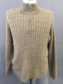 Mens, Pullover Sweater, TRICOTS ST RAPHAEL, Brown, Wool, Cable Knit, L, Heathered Brown, Mock Zip Neck,
