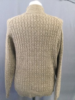Mens, Pullover Sweater, TRICOTS ST RAPHAEL, Brown, Wool, Cable Knit, L, Heathered Brown, Mock Zip Neck,