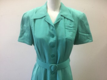 Womens, Nurses Dress, N/L MTO, Jade Green, Silk, Solid, W:28, B:36, Silk Gabardine, Short Sleeves, Shirtwaist, Pointy Collar Attached, Folded Sleeve Cuffs, Tiny Patch Pocket at Bust, Padded Shoulders, Pleats at Center Front Waist/Bust, Flared/Full Skirt, Knee Length, Made To Order, **With Matching Fabric Belt