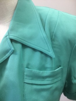 Womens, Nurses Dress, N/L MTO, Jade Green, Silk, Solid, W:28, B:36, Silk Gabardine, Short Sleeves, Shirtwaist, Pointy Collar Attached, Folded Sleeve Cuffs, Tiny Patch Pocket at Bust, Padded Shoulders, Pleats at Center Front Waist/Bust, Flared/Full Skirt, Knee Length, Made To Order, **With Matching Fabric Belt