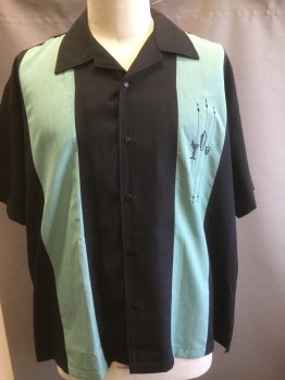 STEADY LAST CALL , Black, Aqua Blue, Polyester, Stripes, Black and Aqua Panel Stripe, Martini Embroidery, Peaked Lapel, Button Front, Short Sleeves,