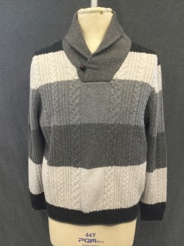 Mens, Pullover Sweater, BROOKS BROTHERS, Charcoal Gray, Lt Gray, Warm Gray, Gray, Wool, Stripes - Horizontal , Cable Knit, XL, Horizontal Stripe, Cableknit, Pullover, Long Sleeves, Shawl Collar, 1 Button/Loop, Ribbed Knit Back Collar/Cuff/Waistband