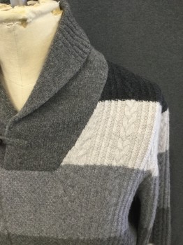 BROOKS BROTHERS, Charcoal Gray, Lt Gray, Warm Gray, Gray, Wool, Stripes - Horizontal , Cable Knit, Horizontal Stripe, Cableknit, Pullover, Long Sleeves, Shawl Collar, 1 Button/Loop, Ribbed Knit Back Collar/Cuff/Waistband