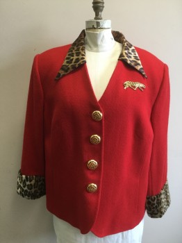 Womens, Blazer, N/L, Red, Brown, Black, Tan Brown, Synthetic, Solid, Animal Print, B 44, Single Breasted, 4 Plastic Gold Buttons with Red Plastic Under, V-neck, Satin Leopard Print Pointy Collar Attached, Leopard Print Faux Fur Cuffs, Attached Gold Brooch, Possible Drag
