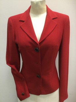 Womens, Suit, Jacket, BEBE, Red, Black, Viscose, Polyester, 2, Jacket, Red with Black Lining, Notched Lapel, Single Breasted, 3 Button Front (but Missing the Middle Button, Long Sleeves, with Matching Skirt