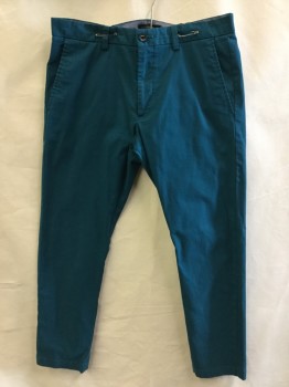 BANANA REPUBLIC, Turquoise Blue, Cotton, Solid, Turquoise with Heather Gray Inside Waistband,  Flat Front, Zip Front, 4 Pockets
