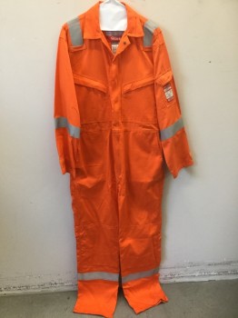 Mens, Coveralls Men, PORTWEST, Orange, Silver, Cotton, Solid, L, Bright Safety Orange Flame Resistant Twill, Long Sleeves, Zip Front, Collar Attached, Silver Reflective Stripes at Shoulders, Sleeves, and Ankles