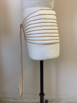 MTO, Cream, Bronze Metallic, Tan Brown, Cotton, Leather, Stripes - Horizontal , Stripes - Vertical , Cotton with Leather Rope Applique, Decorative Zig Zag Stitching, Velcro Closure in Back, Poly Satin Lining,