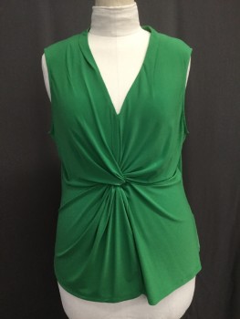 DONNA KARAN, Green, Polyester, Solid, Knit Fabric with V.neck, Twist at Center Front, , Sleeveless