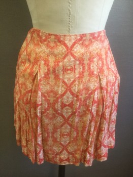 Womens, Skirt, Mini, FREE PEOPLE, Coral Pink, White, Peach Orange, Rayon, Geometric, Abstract , 4, 2 Columns of 3 Cream Buttons in "Double Breasted" Look, Flared Shape, 2 Box Pleats in Front and in Back, Hem Mini,  Invisible Zipper at Side