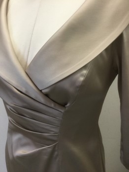 Womens, Cocktail Dress, KAY UNGER, Champagne, Acetate, Polyamide, Solid, W:30, B:36, H:40, Satin, 3/4 Sleeve, Plunging V-neck with Shawl Lapel, Asymmetric Pleating/Ruching at Waist, Knee Length