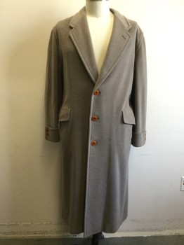 Mens, Coat, Overcoat, CANALI, Taupe, Wool, Cashmere, Solid, 50 R, C.A., Notched Lapel, SB. 2 Flap Pckts, Ankle Length, Turned Back Cuff, Back Button Tab Belt