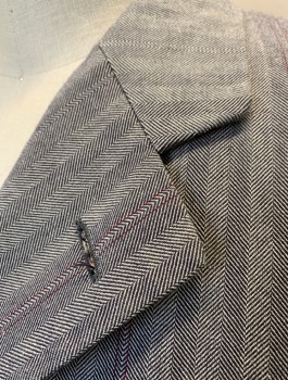 SIAM COSTUMES , Gray, Cotton, Herringbone, Single Breasted, Notched Lapel, 4 Buttons, 3 Pockets, Burgundy Top Stitching,  Made To Order