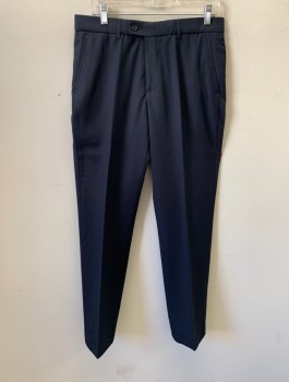 JOSEPH & FEISS, Navy Blue, Wool, Solid, Flat Front, Button Tab, Straight Leg, Zip Fly, Belt Loops, 4 Pockets