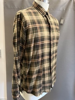ARROW, Camel Brown, Olive Green, Black, Red, Cotton, Plaid, Button Front, Button Down Collar, Long Sleeves, 1 Pocket,