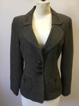 Womens, Suit, Jacket, CLASSIQUES, Brown, Black, Viscose, Wool, Stripes, 8, Vertical Woven Stripe, Single Breasted, 3 Buttons,  Clover Leaf Collar, Pleated Collar Attached, Long Sleeves, 2 Pockets, Self Attached Back Waist Belt