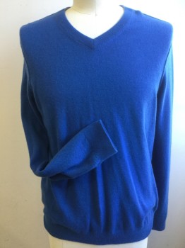 Mens, Pullover Sweater, VINCE, Primary Blue, Cashmere, Solid, Large, V-neck, Long Sleeves,