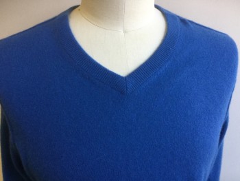 Mens, Pullover Sweater, VINCE, Primary Blue, Cashmere, Solid, Large, V-neck, Long Sleeves,