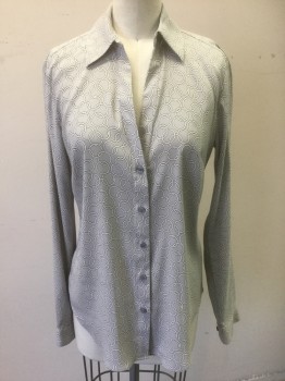 ANN TAYLOR, Gray, White, Black, Polyester, Geometric, Gray with Interlocking White Rings with Black Outlines Pattern, Long Sleeve Button Front, Collar Attached, V-neck