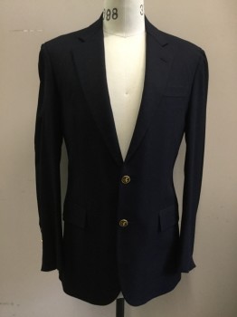 BROOKS BROTHERS, Navy Blue, Wool, Cashmere, Solid, Single Breasted, Collar Attached, Notched Lapel, 3 Pockets, 2 Buttons,  Gold Buttons, Pique Weave