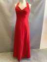 CALVIN KLEIN, Red, Polyester, Solid, Satin, 2" Wide Halter Straps That Cross in Back, Gathered at Center Front Bust, Empire Waist, Floor Length