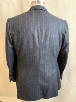 Mens, Suit, Jacket, MTO/ SPIROS, Charcoal Gray, White, Wool, Stripes - Pin, 44L, Felted Wool, Single Breasted, Collar Attached, Notched Lapel, Hand Picked Collar/Lapel, 2 Buttons,  3 Pockets