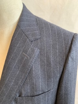 Mens, Suit, Jacket, MTO/ SPIROS, Charcoal Gray, White, Wool, Stripes - Pin, 44L, Felted Wool, Single Breasted, Collar Attached, Notched Lapel, Hand Picked Collar/Lapel, 2 Buttons,  3 Pockets