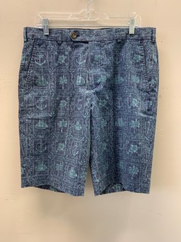 BROOKS BROTHERS, Faded Navy, Teal Blue, White, Poly/Cotton, Floral, Abstract , Shorts, Faded, Square, Anchor, Floral, & Boat Pattern, Side Pockets, Zip Front, Flat Front