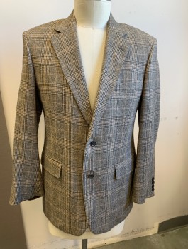 BROOKS BROTHERS, Cream, Chestnut Brown, Black, Wool, Cupro, Glen Plaid, Single Breasted, Notched Lapel, 2 Buttons, 3 Pockets, 1 VentFc064631