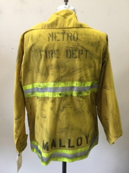 Mens, Fire Turnout Coat, TRANSON MFG, Yellow, Nomex, Solid, L, Long Sleeves, Velcro Closure, 4 Pockets, 3m Segmented Trim, Aged, "Metro Fire Dept.", "Malloy"