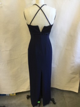 Womens, Evening Gown, VALENTINA, Navy Blue, Acetate, Polyester, 4, Navy Lining, Vertical Pleat Front, Iridescent Bugle Beads Spaghetti Straps & Criss-cross Back, Bust Lines and Along the Applique Flower Detail Work, Zip Back, High Split Center Back Hem (beads Coming Off on Straps)