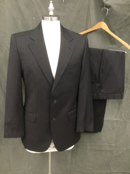 HUGO BOSS, Black, Purple, Wool, Stripes, Black with Darker Black and Purple Stripes, Single Breasted, Collar Attached, Notched Lapel, 2 Buttons,  3 Pockets
