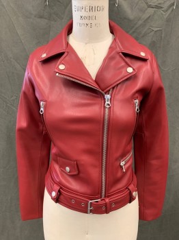 Womens, Leather Jacket, ZARA, Dk Red, Faux Leather, Solid, L, Motorcycle Style Jacket, Zip Front, Collar Attached, Notched Lapel, 4 Pockets, Zip Cuff, Attached Half Buckle Belt with Belt Loops