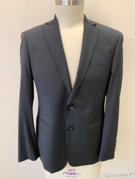 CALVIN KLEIN, Black, Wool, Elastane, Solid, Single Breasted, Notched Lapel, Hand Picked Stitching on Lapel, 2 Buttons, 3 Pockets