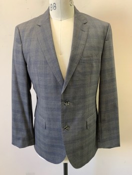 Mens, Suit, Jacket, HUGO BOSS, Gray, Navy Blue, Wool, Plaid-  Windowpane, 40R, Single Breasted, Notched Lapel, 2 Buttons, 3 Pockets