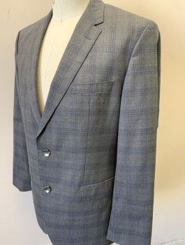 Mens, Suit, Jacket, HUGO BOSS, Gray, Navy Blue, Wool, Plaid-  Windowpane, 40R, Single Breasted, Notched Lapel, 2 Buttons, 3 Pockets
