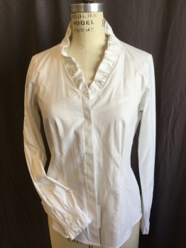 BROOKS BROTHERS, White, Cotton, Solid, V-neck with 2 Layers Ruffle Collar Attached, Hidden Button Front, Long Sleeves with Ruffle Trim Cuff