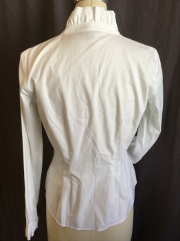 BROOKS BROTHERS, White, Cotton, Solid, V-neck with 2 Layers Ruffle Collar Attached, Hidden Button Front, Long Sleeves with Ruffle Trim Cuff