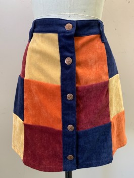 Womens, Skirt, Mini, MINK PINK, Navy Blue, Burnt Orange, Maroon Red, Butter Yellow, Polyamide, Color Blocking, Patchwork, W:24, Thin Ribbed Corduroy, Button Up Center Front, Belt Loops, Has Been Altered