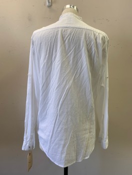 ZARA, White, Cotton, Solid, Button Front, Collar Band, Long Sleeves,