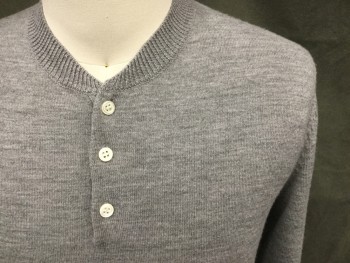 Mens, Pullover Sweater, A.P.C., Warm Gray, Wool, Hawaiian Print, M, Ribbed Knit Neck, 3 Buttons Placket, Long Sleeves, Ribbed Knit Waistband/Cuff