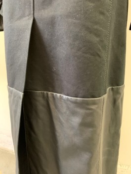 BALENCIAGA, Black, Cotton, Faux Leather, Solid, Heavy Twill with Patent Pleather Accents at Shoulders, Double Breasted with Black and Gold Faceted Buttons, Collar Attached, Pleather Panel at Hem, Ankle Length, Epaulets, 2 Pockets, **With Matching Belt