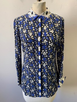 Womens, Blouse, KOBI HALPERIN, Royal Blue, Eggshell White, Navy Blue, Silk, Abstract , XS, Chiffon, Long Sleeves, Button Front, Collar Attached, Folded Cuffs