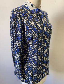 Womens, Blouse, KOBI HALPERIN, Royal Blue, Eggshell White, Navy Blue, Silk, Abstract , XS, Chiffon, Long Sleeves, Button Front, Collar Attached, Folded Cuffs