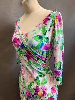Womens, Dress, Long & 3/4 Sleeve, CHIARA BONI, White, Magenta Pink, Green, Blue, Polyamide, Elastane, Floral, W:26, B:34, H:36, Stretchy Material, 3/4 Sleeves, Surplice V-neck, Ruched at Side Waist, Vertical Ruffle at Side Seam From Hip to Hem, Knee Length, Fitted Sheath