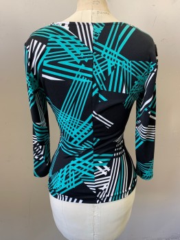 Womens, Blouse, SOPHIA, Black, Mint Green, Polyester, Spandex, Abstract , Stripes, XS, V-neck, Ruched at Cnter, Long Sleeves