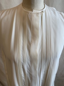EQUIPMENT, Ivory White, Silk, Poly/Nylon, Solid, Circle Neck Line , Sleeveless, Pleated Front Button Front Placket  & Back Pleated